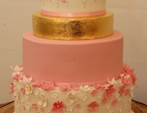 Pink, Gold, White Blossom Wedding Cake – 11 April 2015