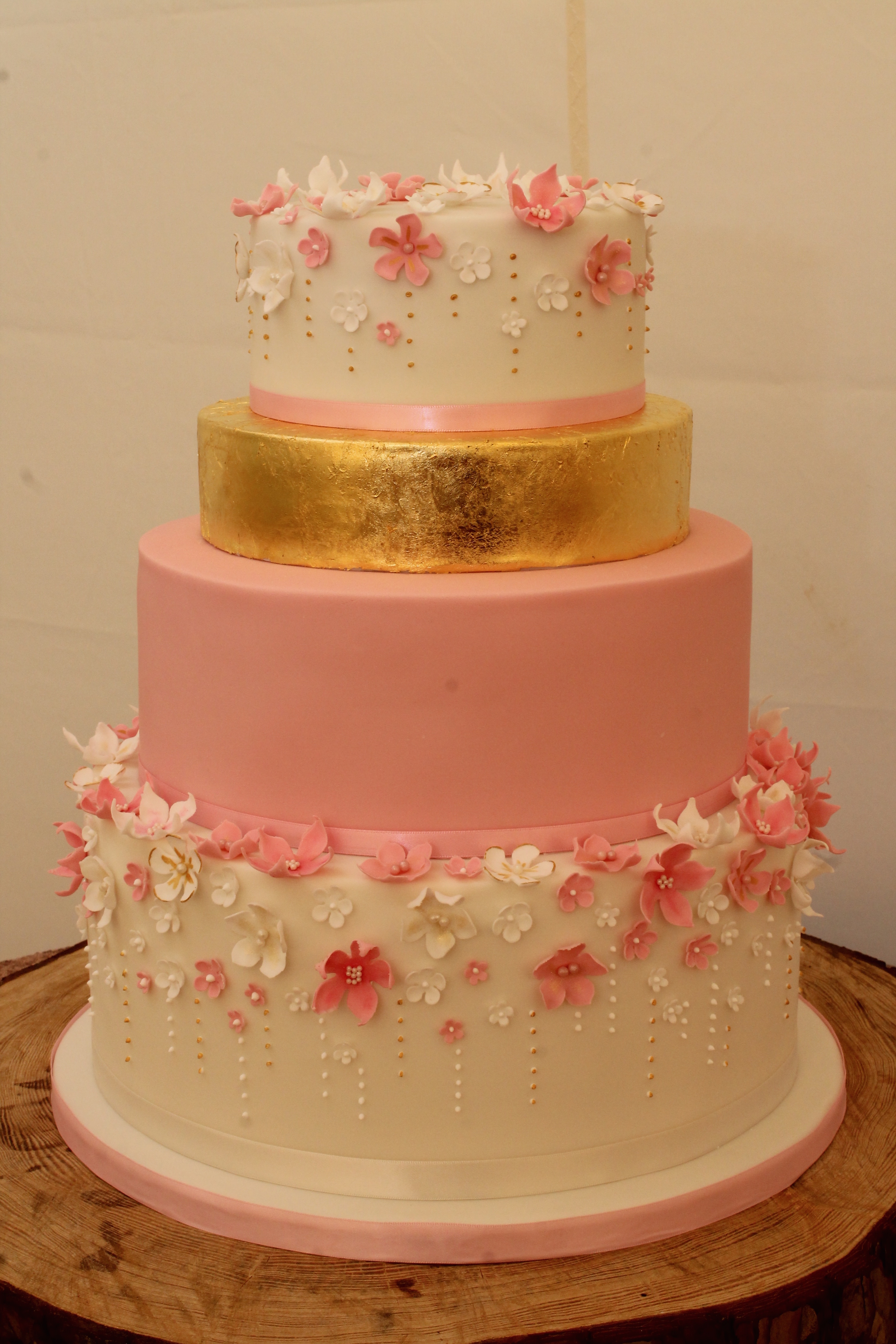 Pink, Gold, White Blossom Wedding Cake